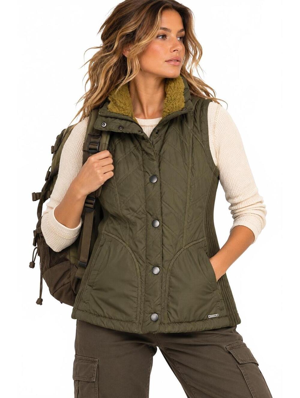 prAna Diva Sherpa Lined Quilted Vest Women’s Medium Olive Green Hiking